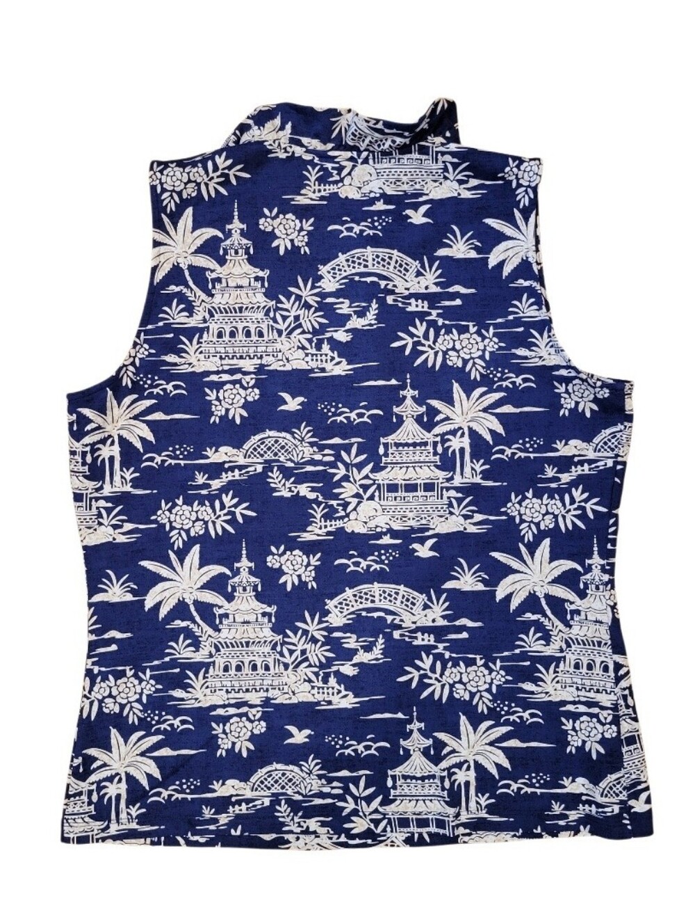 J.McLaughlin Navy White Chinoiserie Pagoda Toile Sleeveless Ruffle Top Womens LG - Picture 6 of 7
